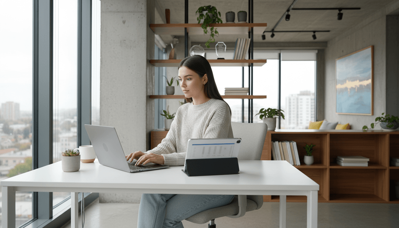 Business owner reviewing AI implementation strategy at desk