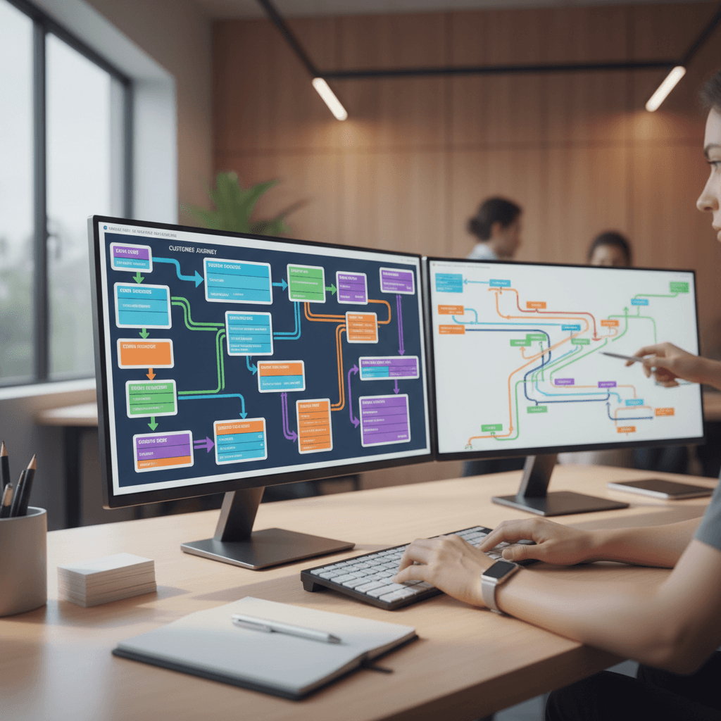 AI consultant reviewing automation workflow on laptop