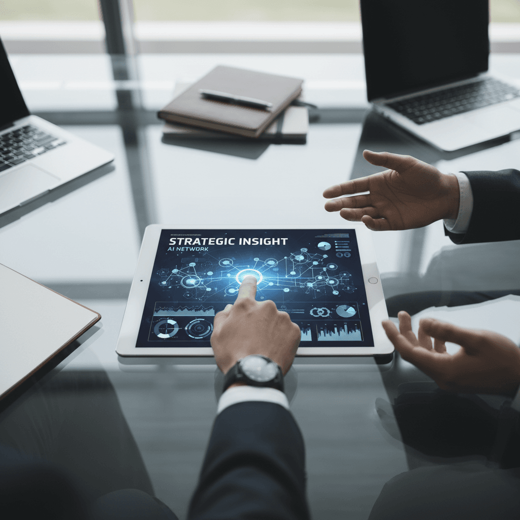 Professional consultant discussing AI strategy with small business owner at office desk